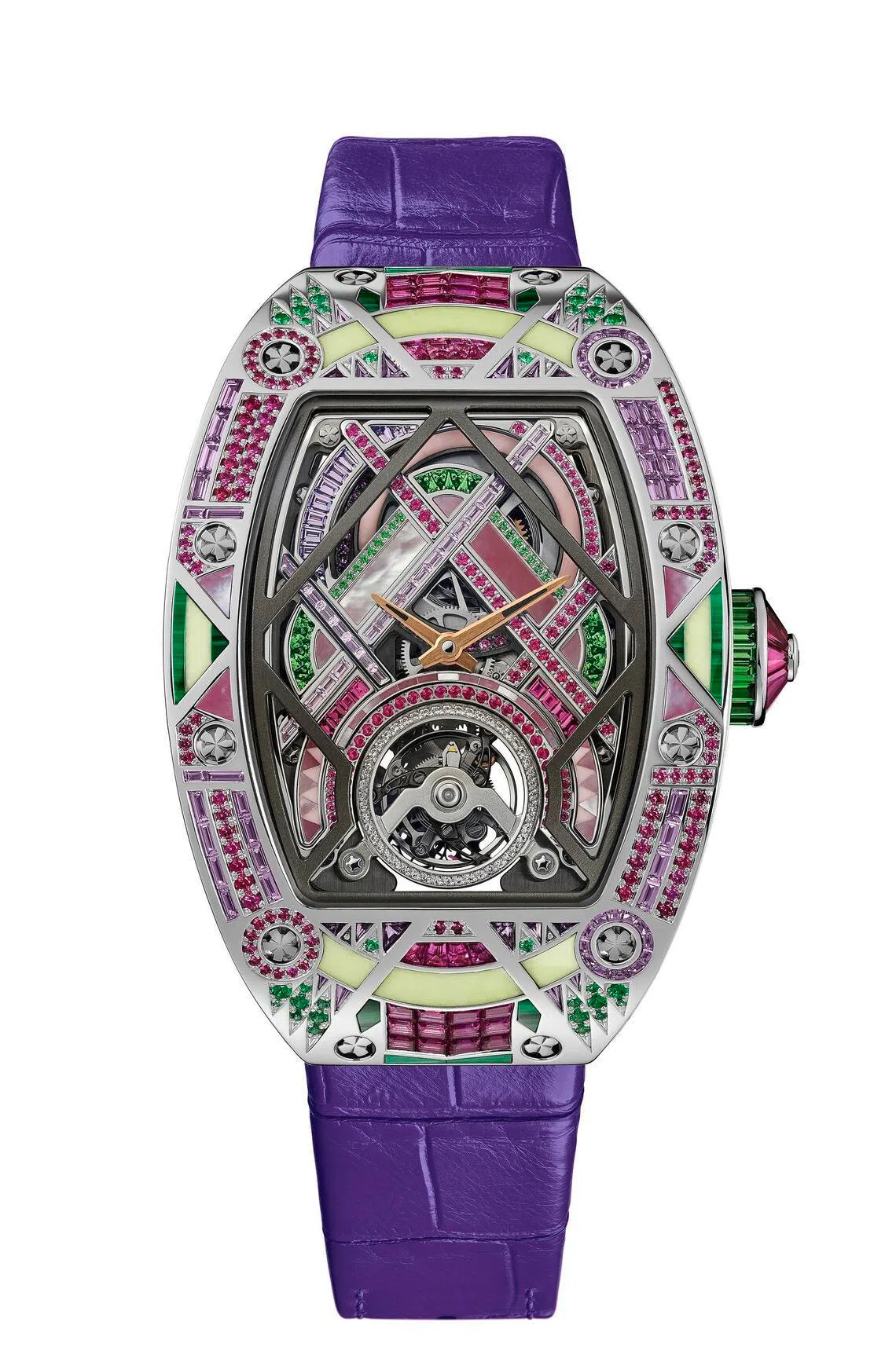 The RM HJ-02 In-House Automatic Tourbillon is a high-jewellery collection of 12 unique watches conceived by Cecile Guenat, Richard Mille’s Creative and Development Director.