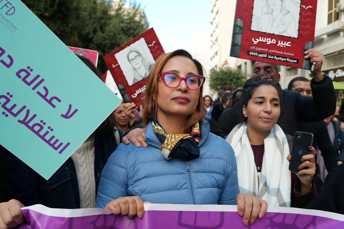 Prominent opposition figure Chaima Issa takes part in a protest against Tunisian President Kais Saied before being detained by police to enforce a 20-year prison sentence, in Tunis, Tunisia November 29, 2025. REUTERS/Jihed Abidellaoui