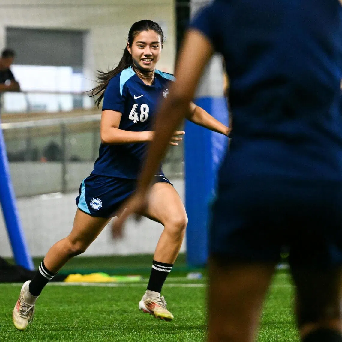 Mulan Ayliffe training with the women’s national football team at the Kallang Football Hub on July 8.