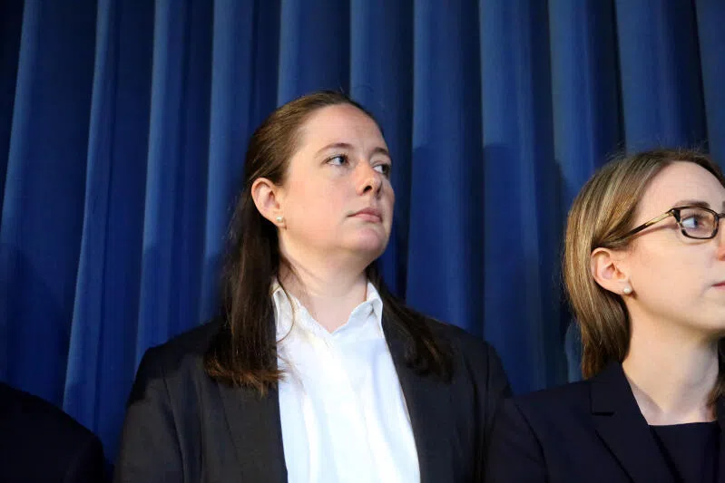 Ms Maurene Comey, then a federal prosecutor, at a news conference in New York about the sex trafficking charges against Jeffrey Epstein on July 8, 2019. 
