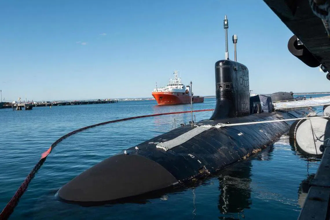 A US Navy Virginia-class submarine, the USS North Carolina, docks at the HMAS Stirling port in Rockingham, on the outskirts of Perth, on Aug 4, 2023. 