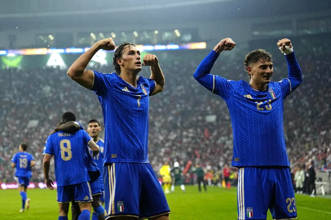 Italian brothers Pio (left) and Sebastiano Esposito celebrating after the former scored the Azzurri’s fourth goal in their 4-1 away win over Turkey in the Nations League on Sept 28.