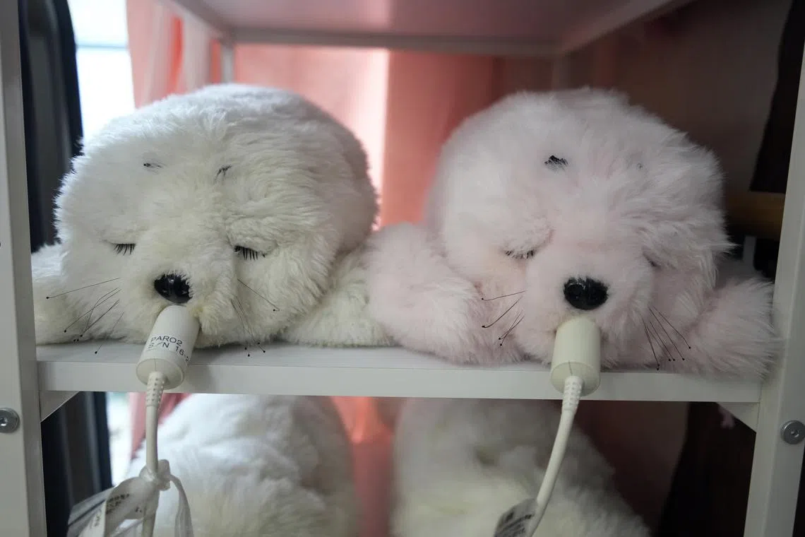 Interactive robots Paro are plugged to be charged at the Shintomi nursing home in Tokyo, Japan on May 28, 2023.
According to projections by the National Institute of Population and Social Security Research, 38.4 percent of the total population will be elderly by 2065