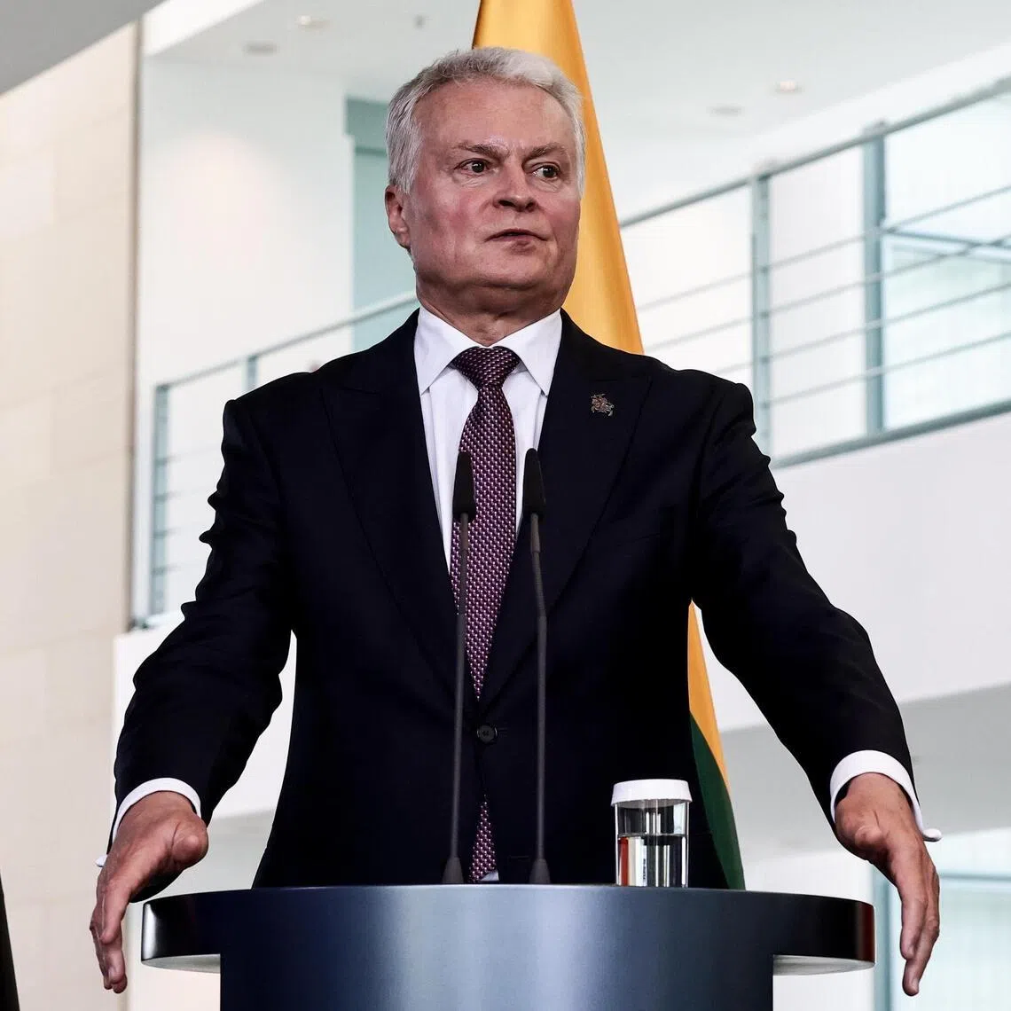 Lithuanian President Gitanas Nauseda speaking at a July 3 Berlin press conference with the leaders of Latvia, Estonia and Germany.