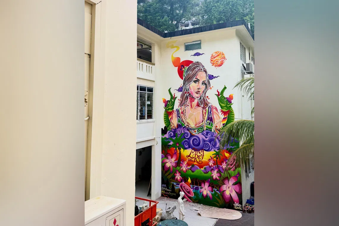 The Lana Del Rey fan event called Honeymoon Pitstop includes a large mural of her by Singaporean graffiti artists Slacsatu and Song.