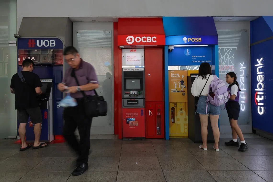 ST20240115_202494335429: Gin Tay/ pixgeneric/
Generic photo of automated teller machines of UOB, OCBC ,DBS, at Bishan MRT station on Jan 15, 2024.
Can use for stories on banks, financial hub, teller, banking services, inflation, interest rate, Singapore bank, investment , payment.