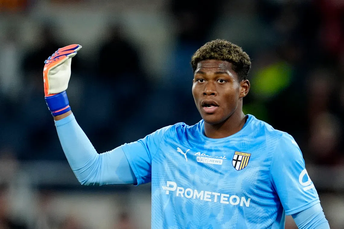 Soccer Football - Serie A - AS Roma v Parma - Stadio Olimpico, Rome, Italy - October 29, 2025 Parma's Zion Suzuki reacts REUTERS/Matteo Ciambelli