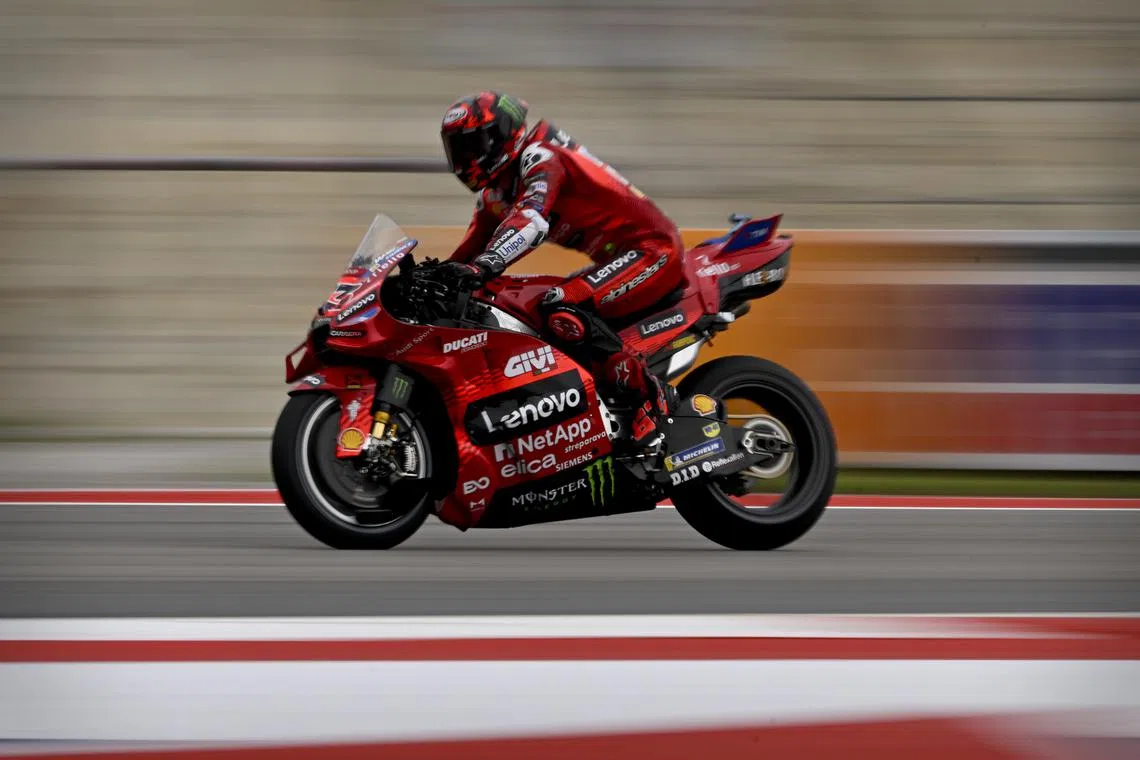 Mar 28, 2025; Austin, TX, USA; Marc Marquez (93) of Spain and Ducati Lenovo Team rides during practice for the 2025 MotoGP Grand Prix of the Americas at Circuit of The Americas. Mandatory Credit: Jerome Miron-Imagn Images