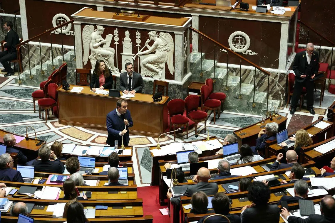 French Prime Minister Sebastien Lecornu (centre) speaking during a parliamentary debate on the 2026 budget on Oct 31.