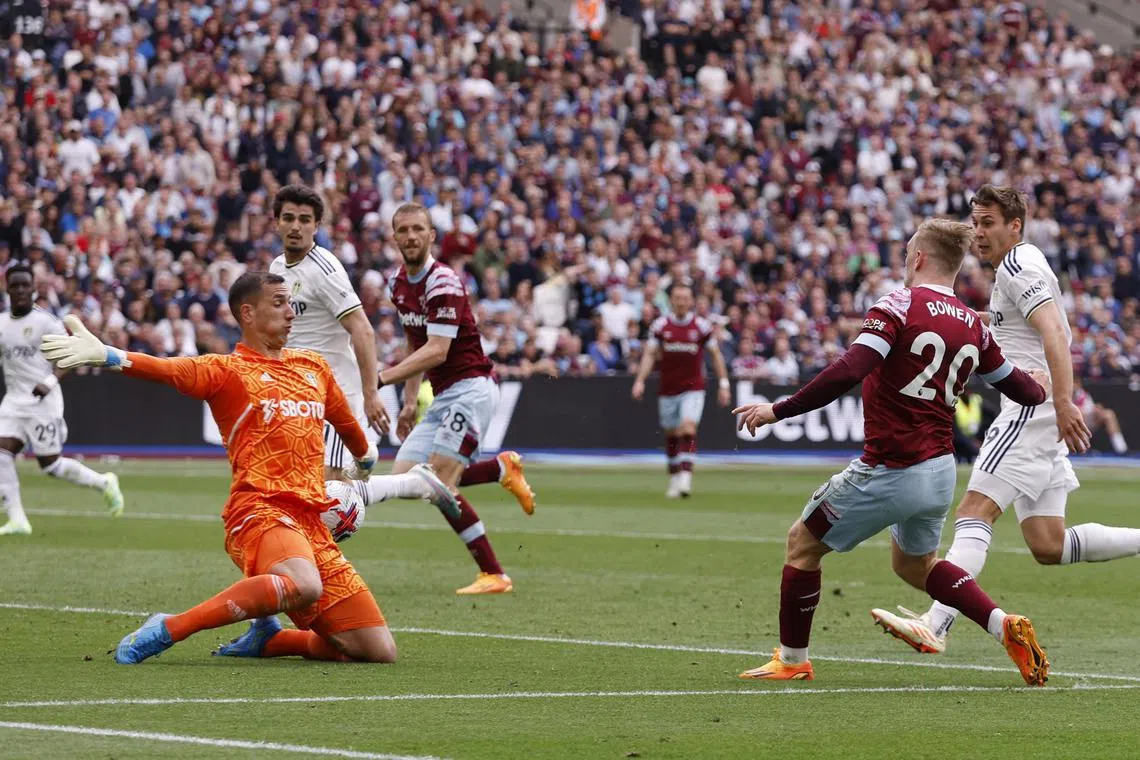 West Ham United's Jarrod Bowen scores their second goal in the 3-1 Premier League win over Leeds United.