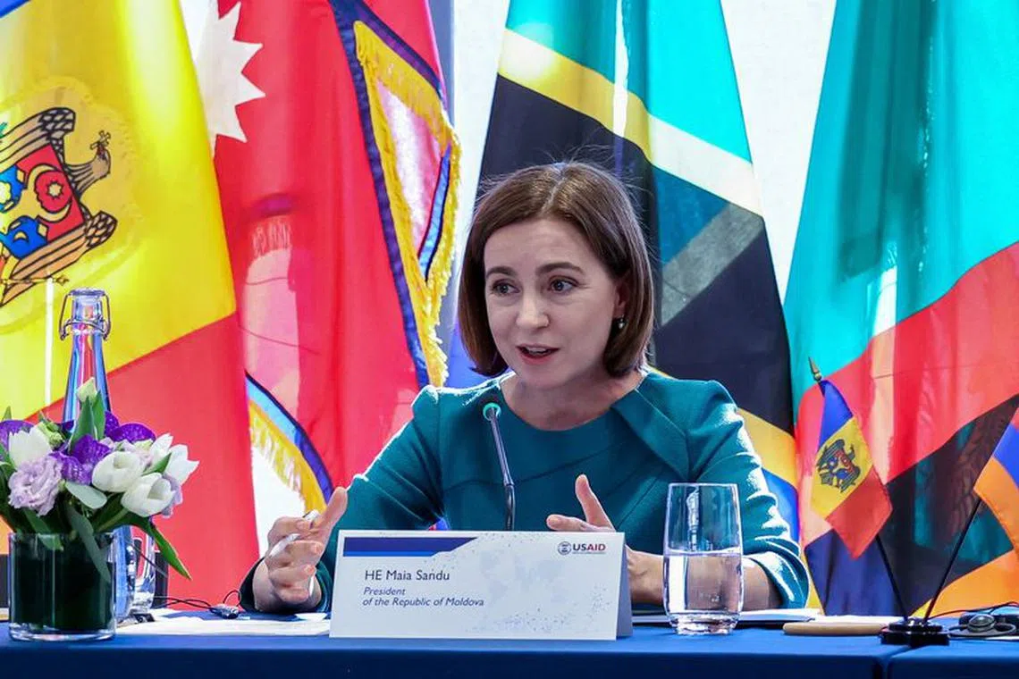 FILE PHOTO: Moldovan President Maia Sandu speaks at the USAID \"Democracy Delivers\" event at the Ford Foundation Center for Social Justice, in New York City, U.S., September 20, 2023, on the sidelines of the 78th United Nations General Assembly. ZAK BENNETT/Pool via REUTERS/File Photo