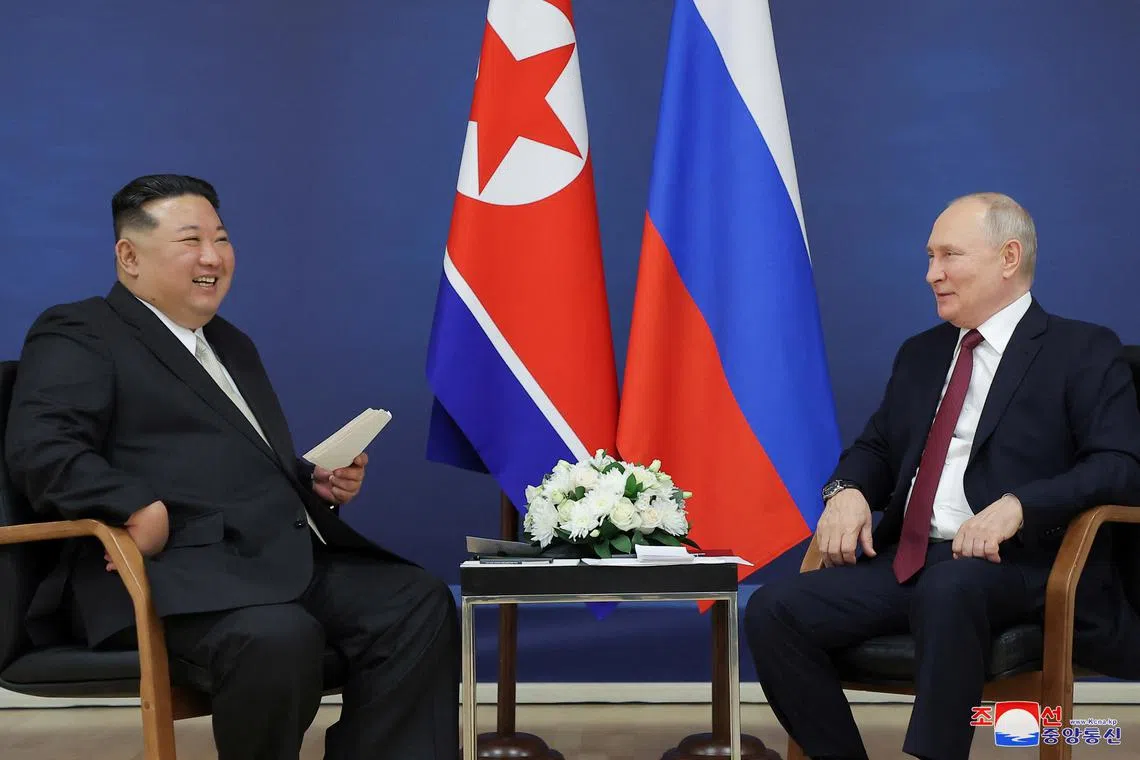 FILE PHOTO: Russia's President Vladimir Putin and North Korea's leader Kim Jong Un attend a meeting at the Vostochny ?osmodrome in the far eastern Amur region, Russia, September 13, 2023 in this image released by North Korea's Korean Central News Agency.   KCNA via REUTERS/File Photo