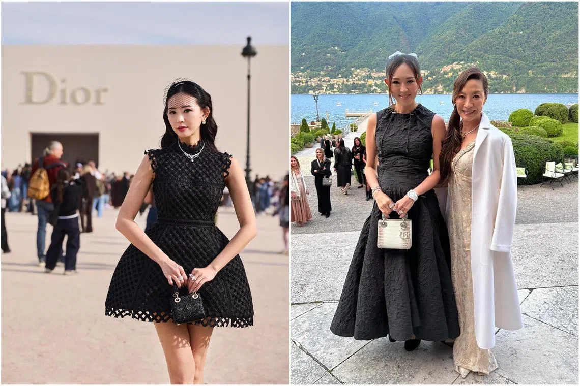 (From left) Sherry Ang at a Dior show in Paris, Ang with Malaysian actress Michelle Yeoh at Lake Como in Italy, with Dior.
