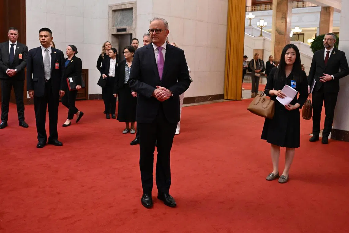 epa12238490 Australian Prime Minister Anthony Albanese waits to meet with Chinese President Xi Jinping at the Great Hall of the People in Beijing, China, 15 July 2025. Albanese is in China for a six-day official visit.  EPA/LUKAS COCH NO ARCHIVING AUSTRALIA AND NEW ZEALAND OUT