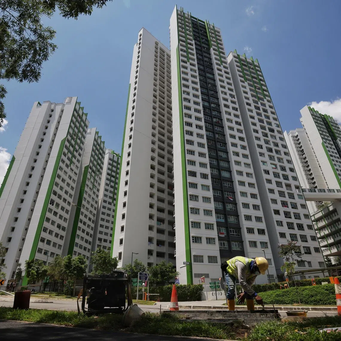 Blocks 185A (left) and 182A (centre) of Marsiling Greenview on Aug 28, 2021. Integrated block 182A has rental and owned units, and Block 185A is entirely rental flats.