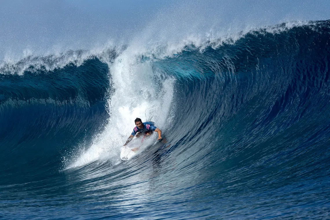Paris 2024 Olympics - Surfing - World Surf League - Tahiti Pro - Teahupo'o, Tahiti - May 25, 2024 Hawaii's Seth Moniz in action during the men's heats REUTERS/Thomas Bevilacqua
