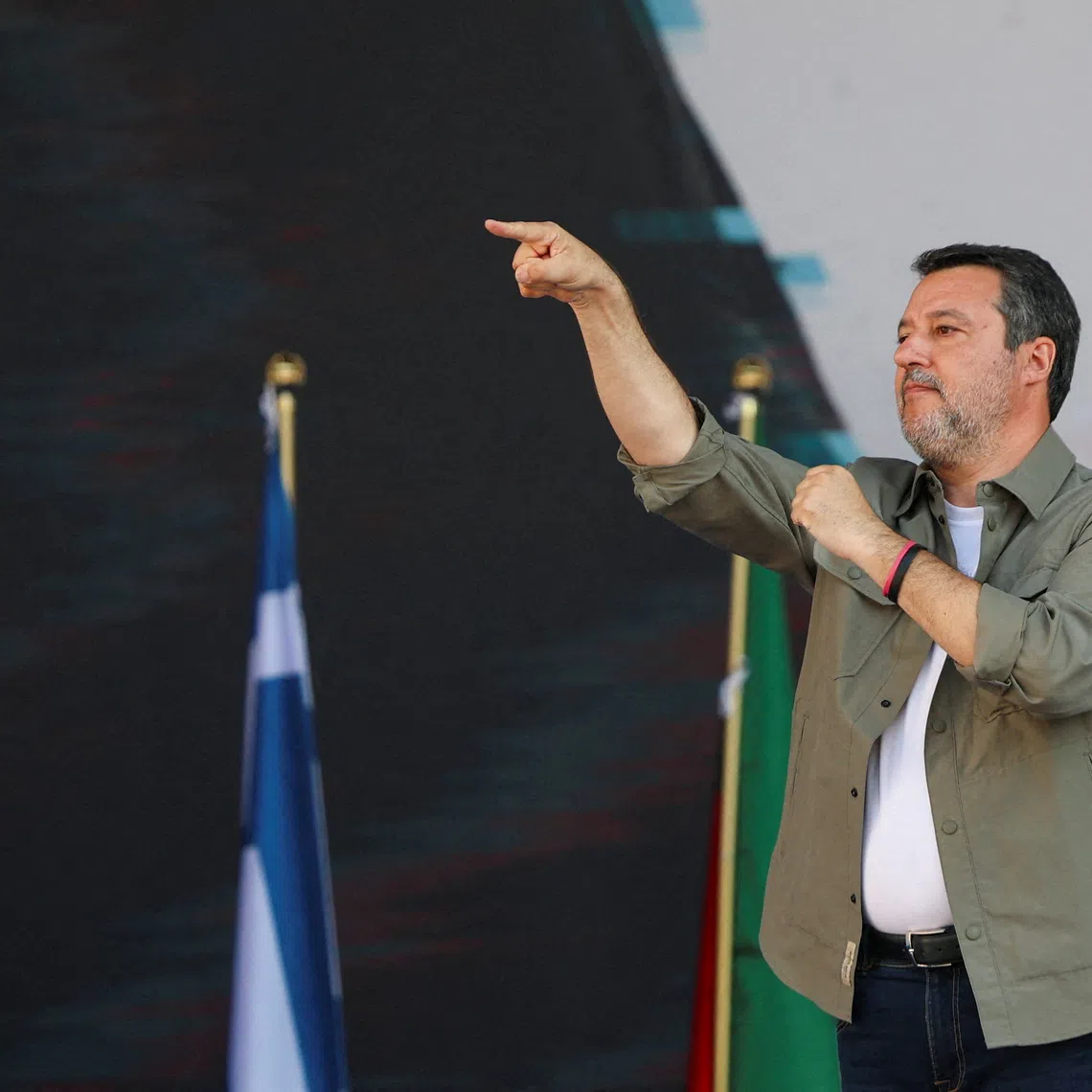FILE PHOTO: Italy's Deputy Prime Minister and League party leader Matteo Salvini gestures at a European far-right parties summit in Milan, Italy, April 18, 2026. REUTERS/Claudia Greco/File Photo