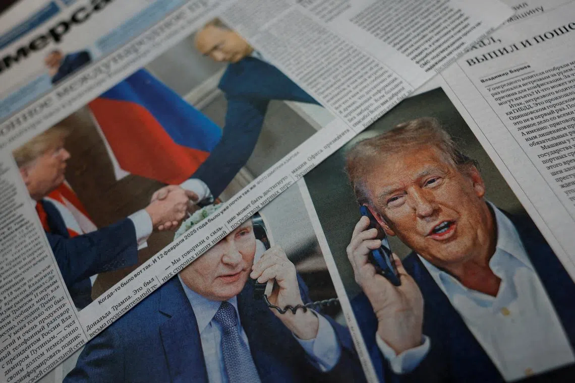 FILE PHOTO: Daily newspapers with covers, dedicated to the recent phone call of Russian President Vladimir Putin and U.S. President Donald Trump, are laid out at a newsstand in a street in Moscow, Russia, February 13, 2025. REUTERS/Maxim Shemetov/Illustration/File Photo