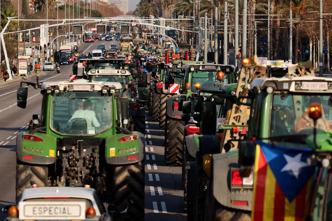 Farmers protest over price pressures, taxes and green regulation - grievances shared by farmers across Europe - in Barcelona, Spain.
