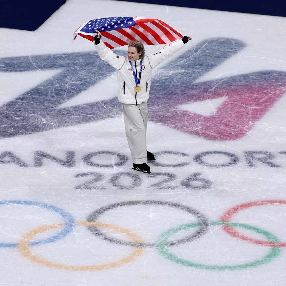 Milano Cortina 2026 Olympics - Figure Skating - Team Event - Victory Ceremony - Milano Ice Skating Arena, Milan, Italy - February 08, 2026. Gold medallist Ilia Malinin of United States celebrates after winning the Team Event REUTERS/Amanda Perobelli