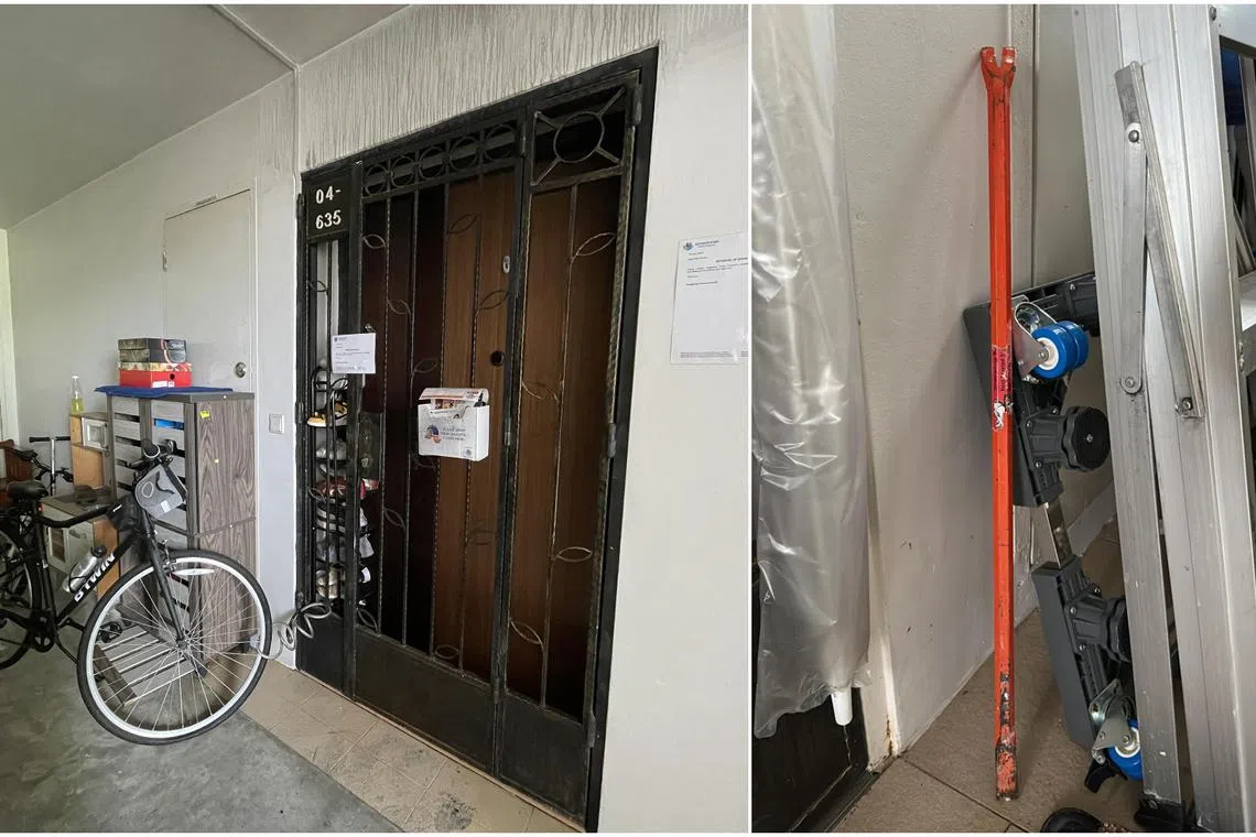 Neighbours tried to use a (right) to pry open the door of the burning flat.