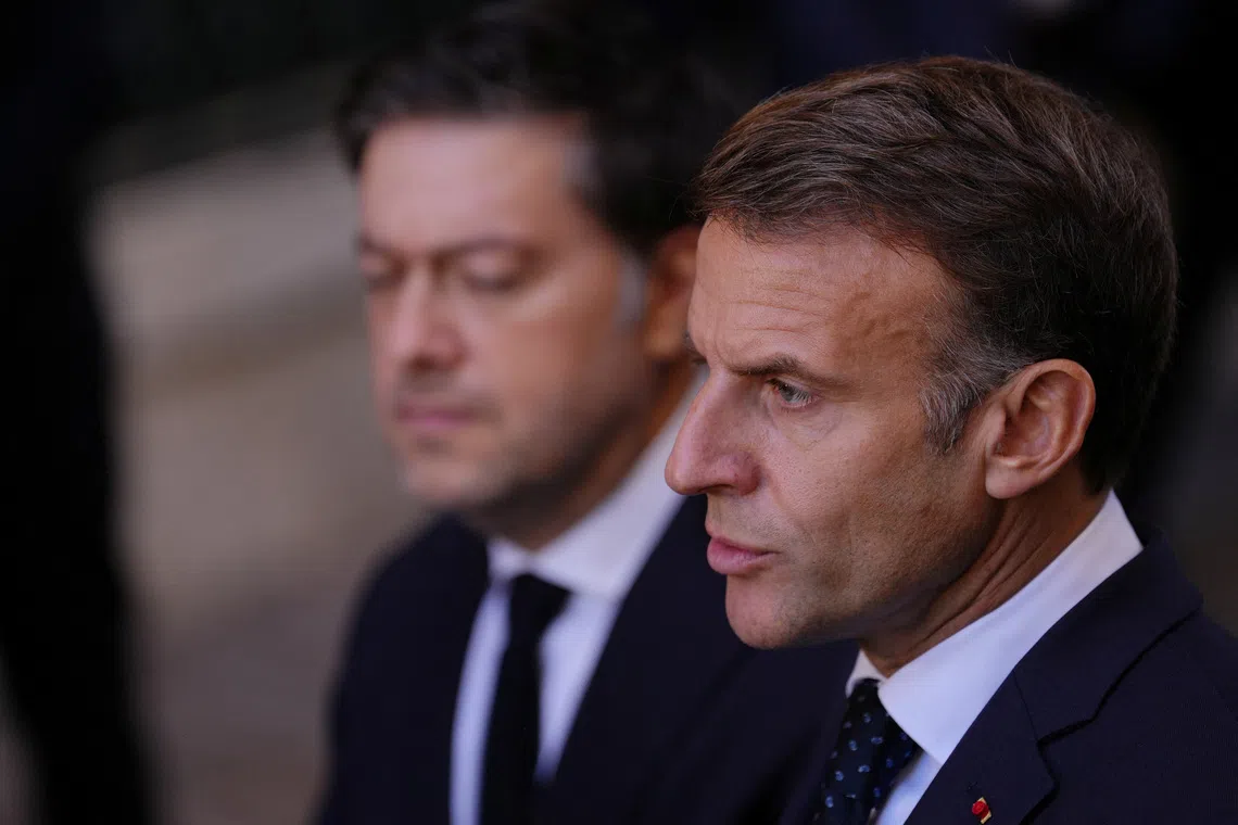 French President Emmanuel Macron and Marseille Mayor Benoit Payan address the media in Marseille, France, October 26, 2026. Aurelien Morissard/Pool via REUTERS