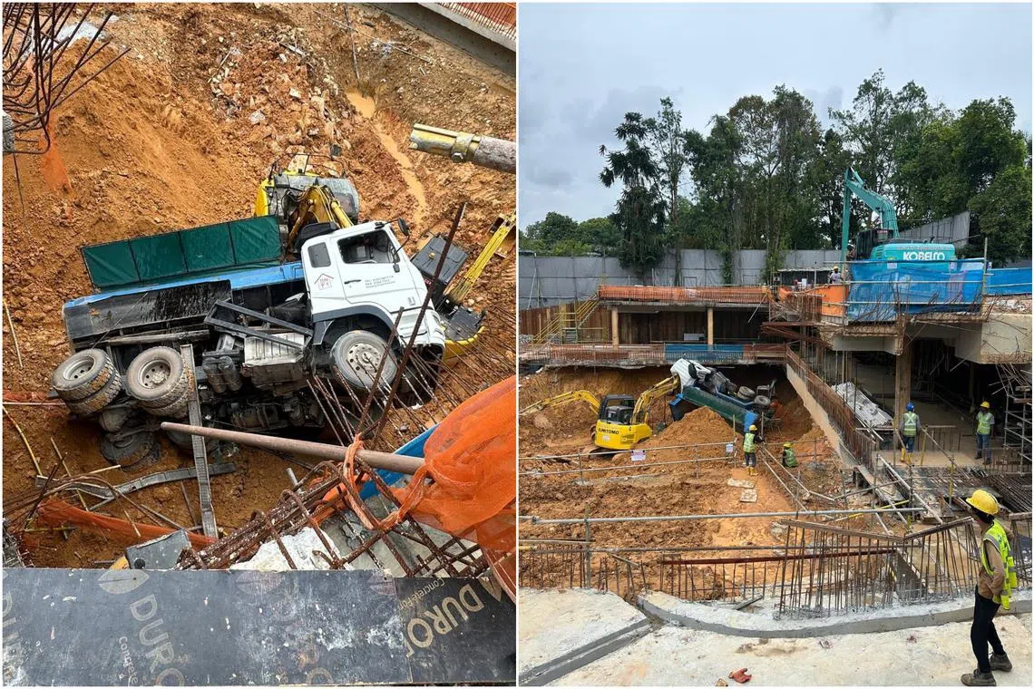 The tipper truck suddenly rolled backwards, hit the edge barricades of the concrete slab, and fell over to the basement level.