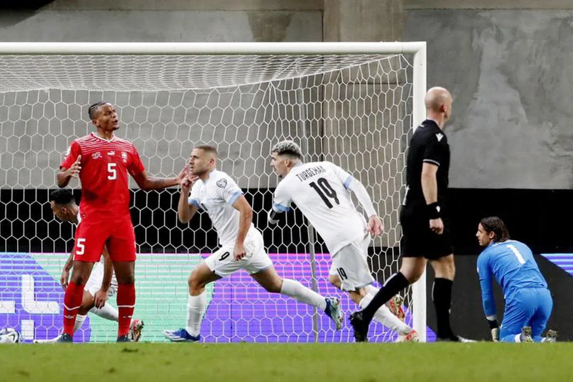 Soccer Football - Euro 2024 Qualifier - Group I - Israel v Switzerland - Pancho Stadium, Felcsut, Hungary - November 15, 2023 Israel's Shon Weissman celebrates scoring their first goal REUTERS/Bernadett Szabo