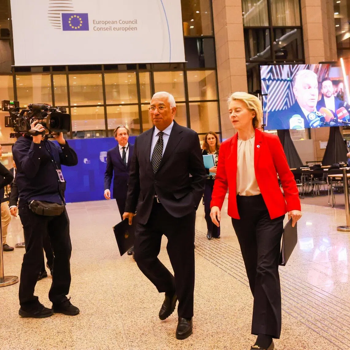 European Council President Antonio Costa (left) and European Commission President Ursula von der Leyen at the end of an informal meeting of the members of the European Council in Brussels.