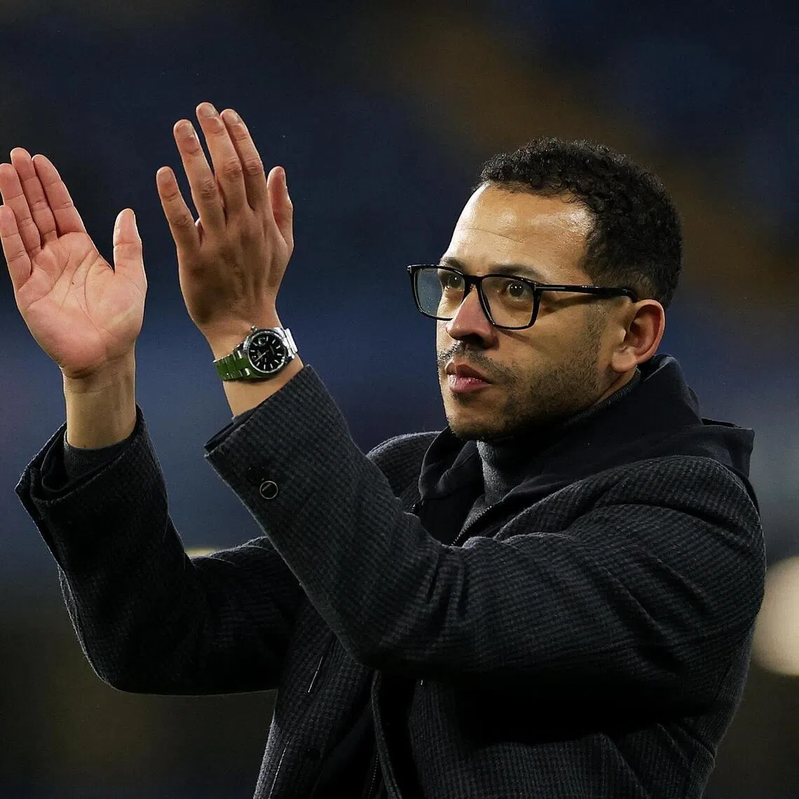 Chelsea manager Liam Rosenior applauding the fans after the Blues' 1-0 Champions League win over Pafos at Stamford Bridge on Jan 21. 