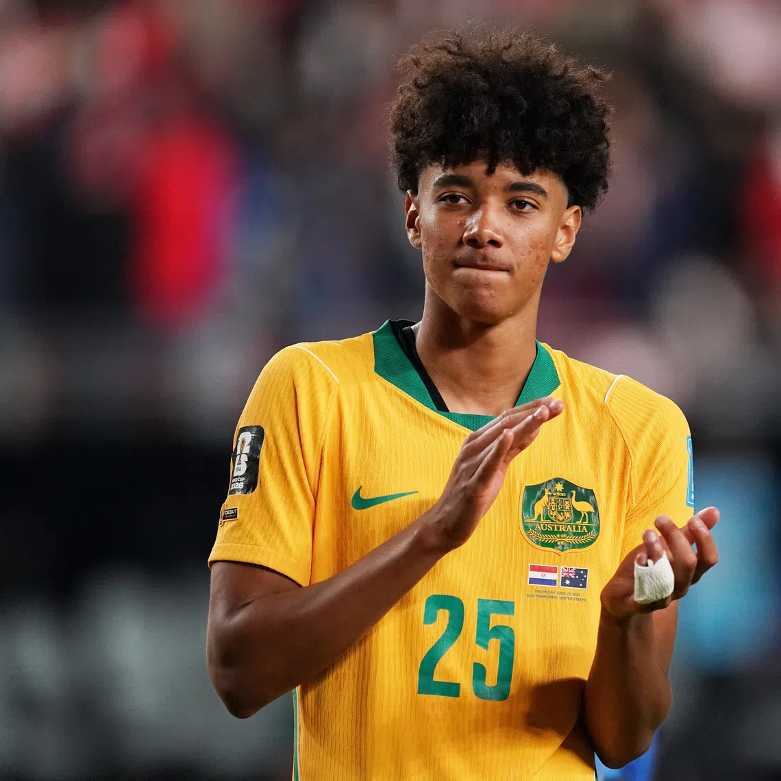 FILE PHOTO: Soccer Football - FIFA World Cup 2026 - Group D - Paraguay v Australia - San Francisco Bay Area Stadium, Santa Clara, California, U.S. - June 25, 2026 Australia's Lucas Herrington applauds fans after the match IMAGN IMAGES via Reuters/David Gonzales/File Photo