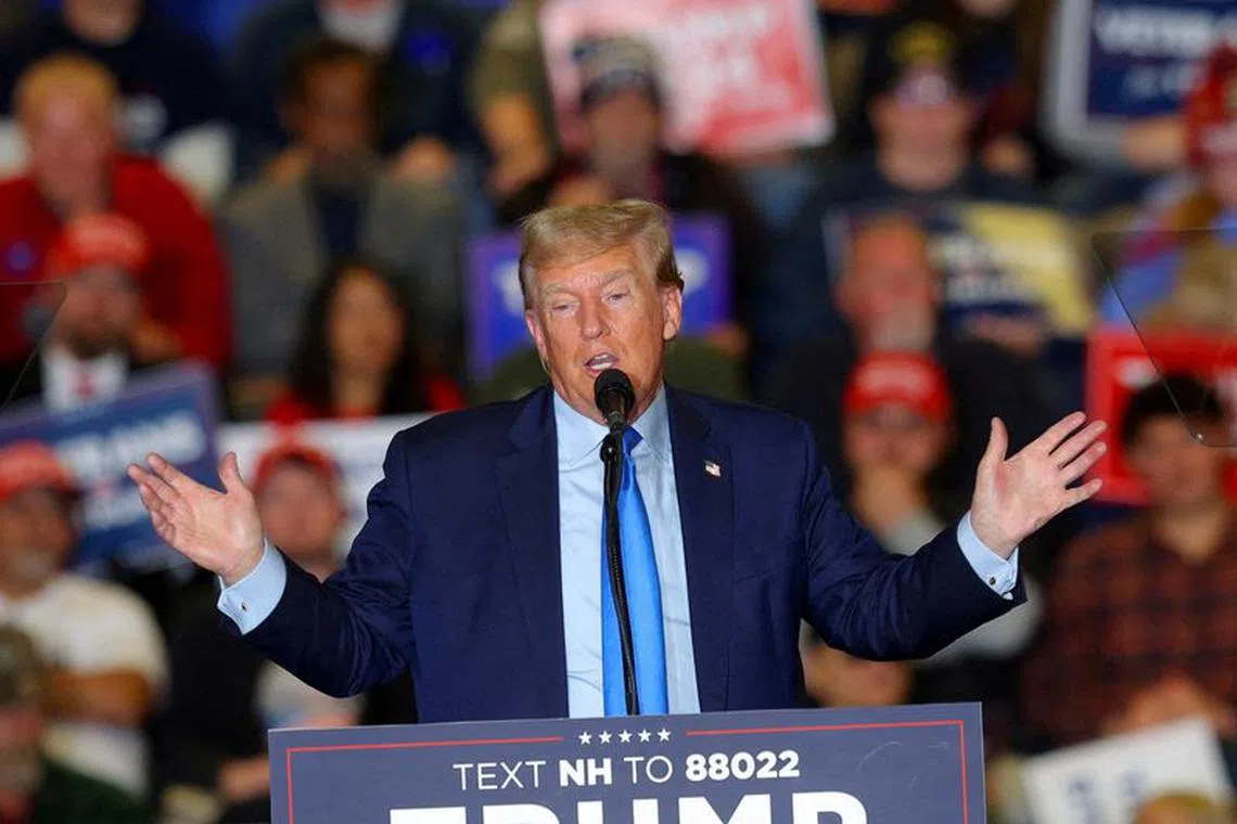 FILE PHOTO: Republican presidential candidate and former U.S. President Donald Trump speaks during a campaign rally in Claremont, New Hampshire, U.S., November 11, 2023. REUTERS/Brian Snyder\/File Photo