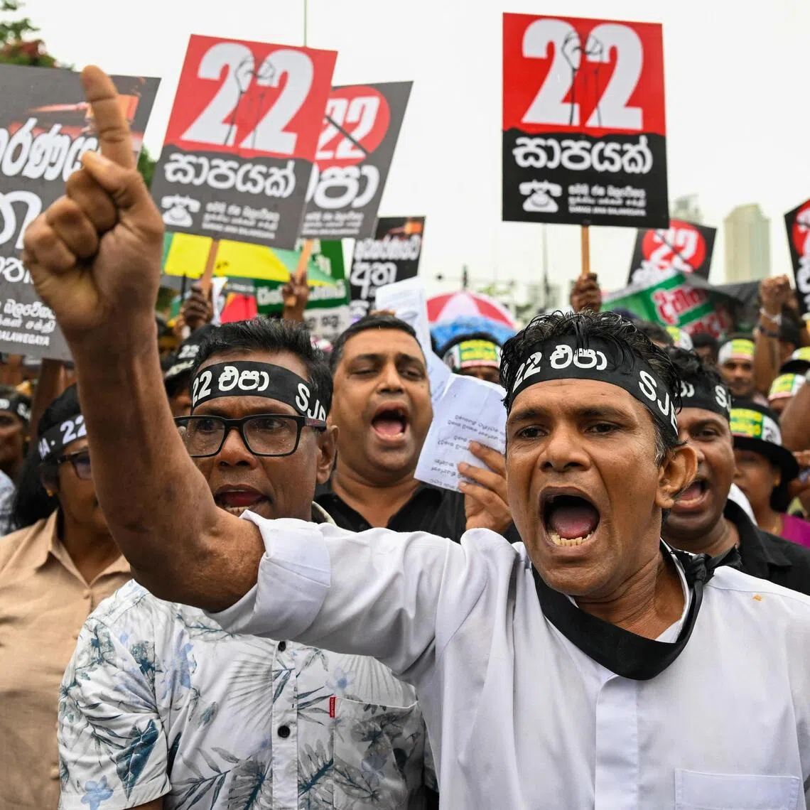 Sri Lanka’s Samagi Jana Balawegaya party supporters protest near the Parliament in Colombo on Sept 24.