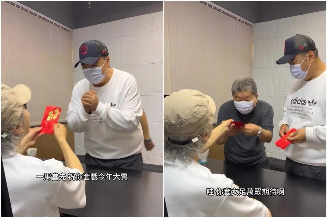 Stephen Chow uploaded a video on Feb 17 of him giving hongbao to his co-workers such as Lam Tze Chung (right).