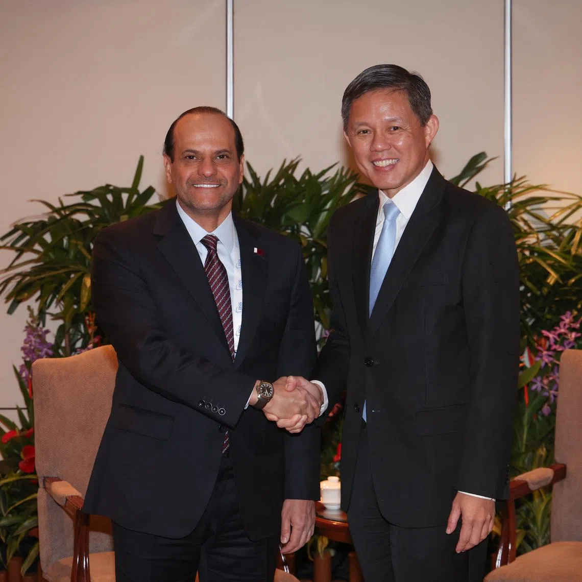 Defence Minister Chan Chun Sing (right) and Qatar’s Deputy Prime Minister Sheikh Saoud bin Abdulrahman Al Thani exchanged views on the evolving developments in the Middle East.