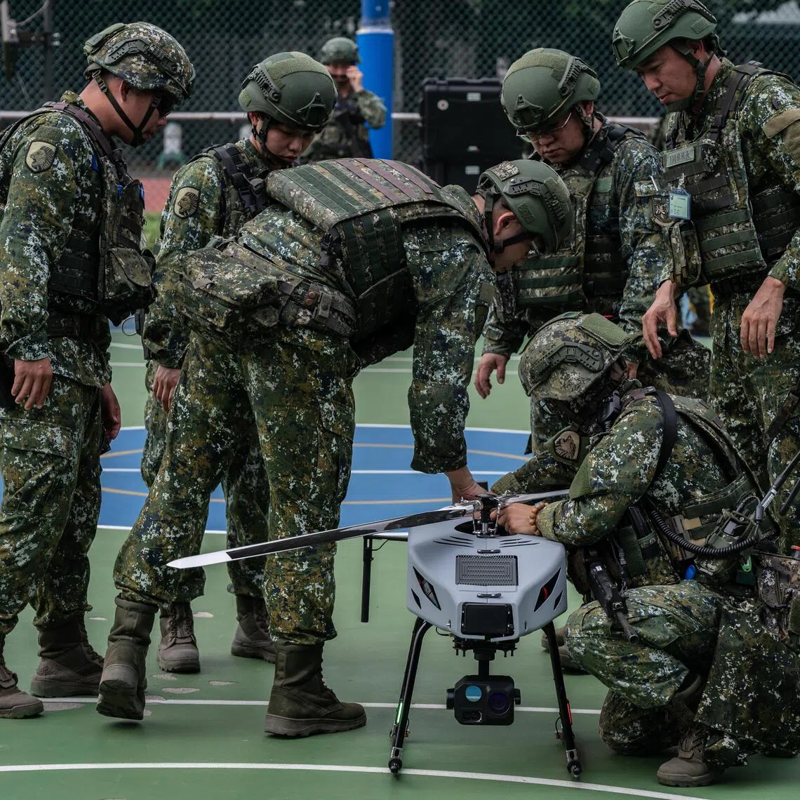 Members of Taiwan’s military operate a drone during the annual Han Kuang military exercises in Changhua, Taiwan, on Aug 6.