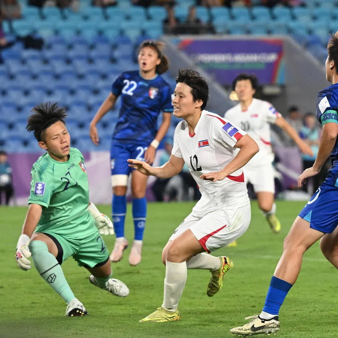 Hong Song Ok scores one of her three goals for DPR Korea in the 4-0 win over Chinese Taipei in the Women’s Asian Cup play-offs on the Gold Coast, Australia on March 19, 2026.