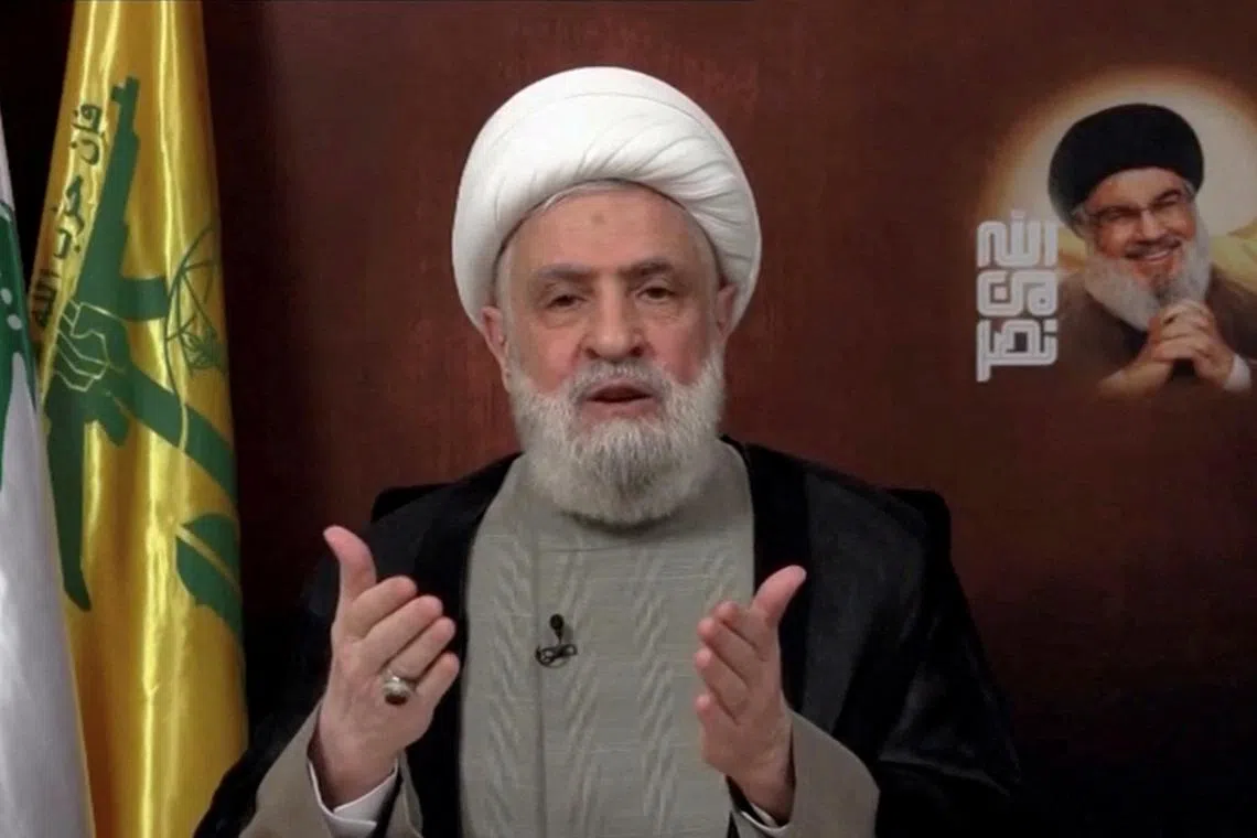 FILE PHOTO: Lebanon's Hezbollah leader Sheikh Naim Qassem delivers an address from an unknown location, November 29, 2024, in this still image from video. Al Manar TV/Reuters TV via REUTERS/File Photo