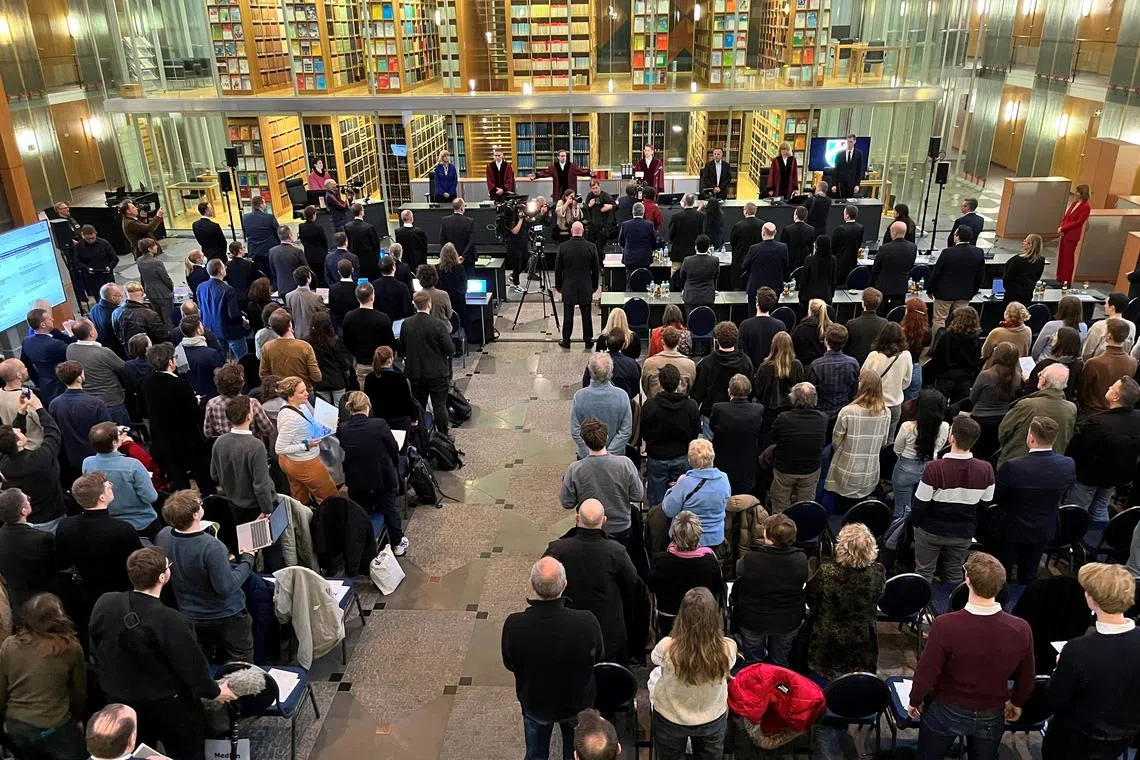FILE PHOTO: A general view of the courtroom before the hearing of the Higher Administrative Court of the federal state of North-Rhine Westphalia that will decide whether the far-right Alternative for Germany AFD party can be classified as a suspected case of right-wing extremism in Muenster, Germany, March 12, 2024. REUTERS/Andreas Kranz/File Photo