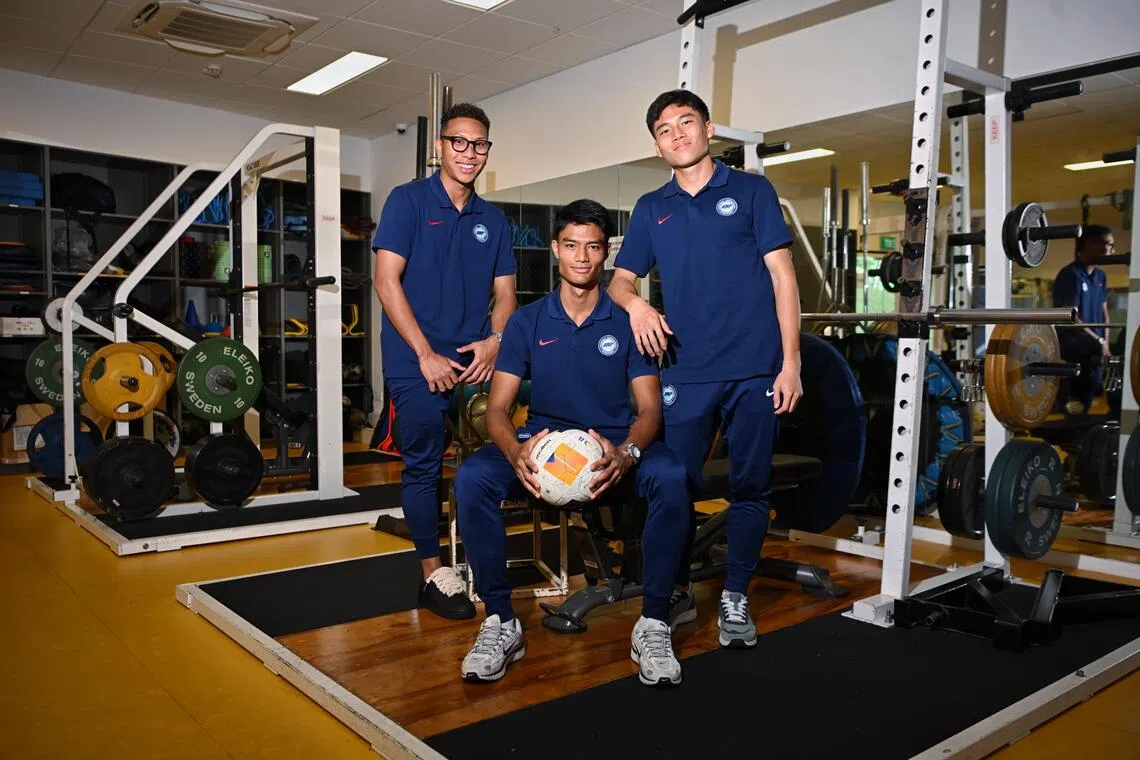 (From left) Footballers Amir Syafiz, Raoul Suhaimi, and Jonan Tan during the SEA Games media day for the Under-22 football team at Jalan Besar Stadium on Nov 24. 