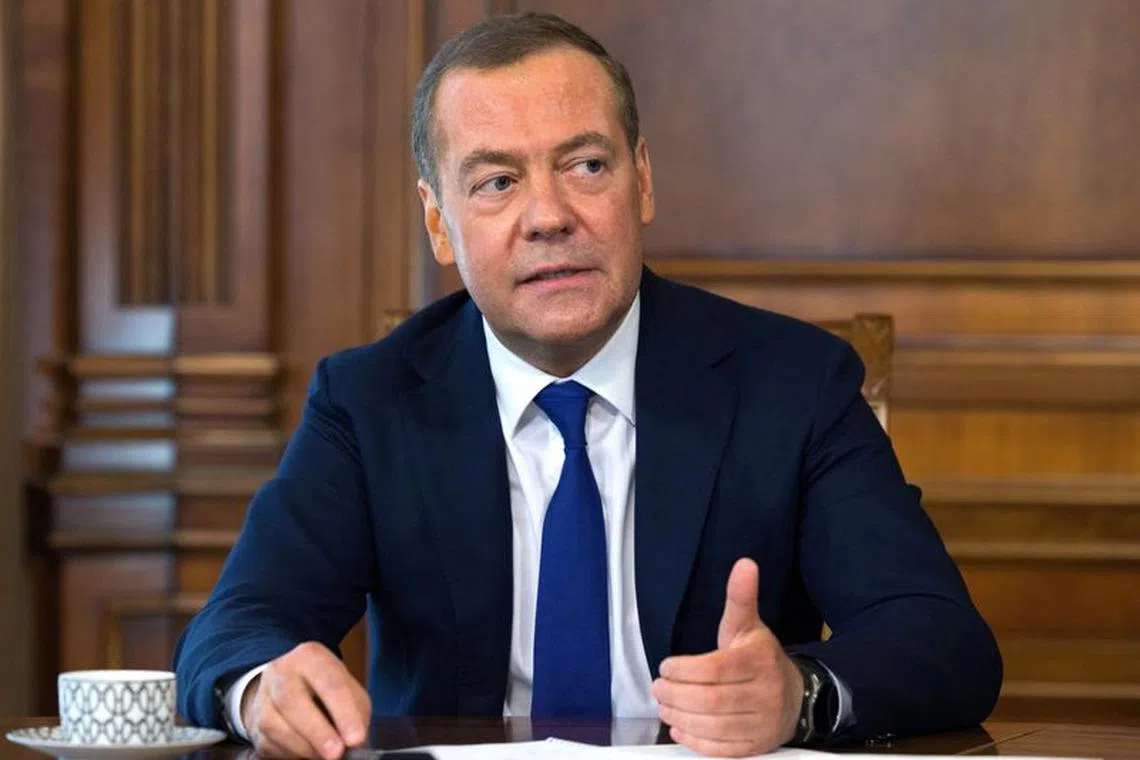 FILE PHOTO: Deputy head of Russia's Security Council Dmitry Medvedev speaks during an interview with Russian media at a residence outside Moscow, Russia, March 23, 2023. Sputnik/Yekaterina Shtukina/Pool via REUTERS/File Photo