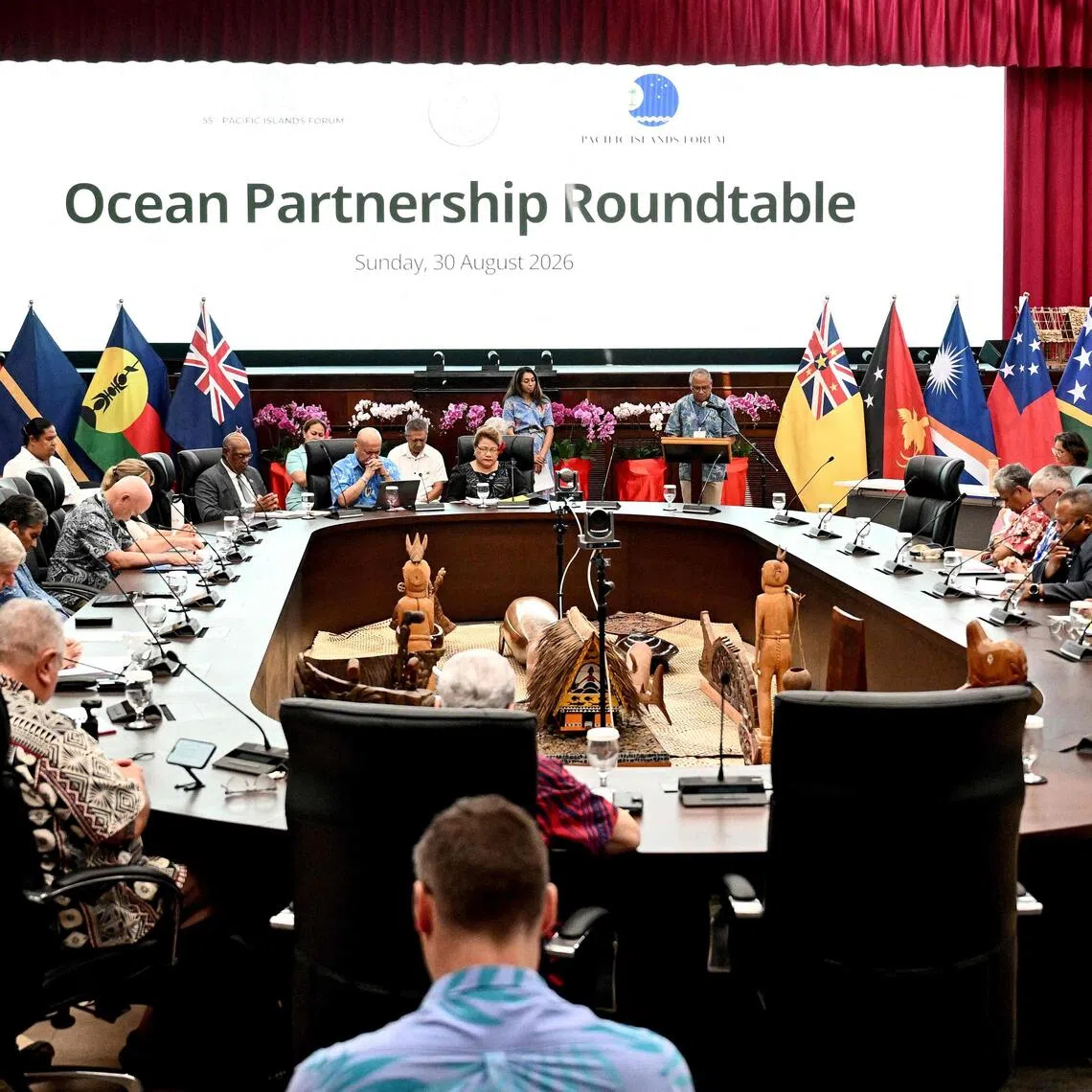 Leaders of the Pacific Islands attending the Ocean Partnership Roundtable in Koror, Palau, on Aug 30, ahead of the 55th Pacific Islands Forum Leaders Meeting.