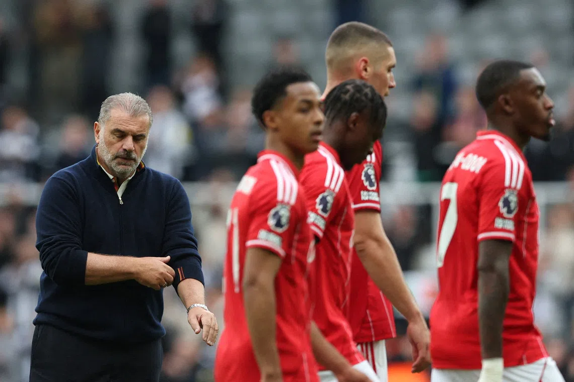 Soccer Football - Premier League - Newcastle United v Nottingham Forest - St James' Park, Newcastle, Britain - October 5, 2025 Nottingham Forest manager Ange Postecoglou looks dejected after the match REUTERS/Scott Heppell