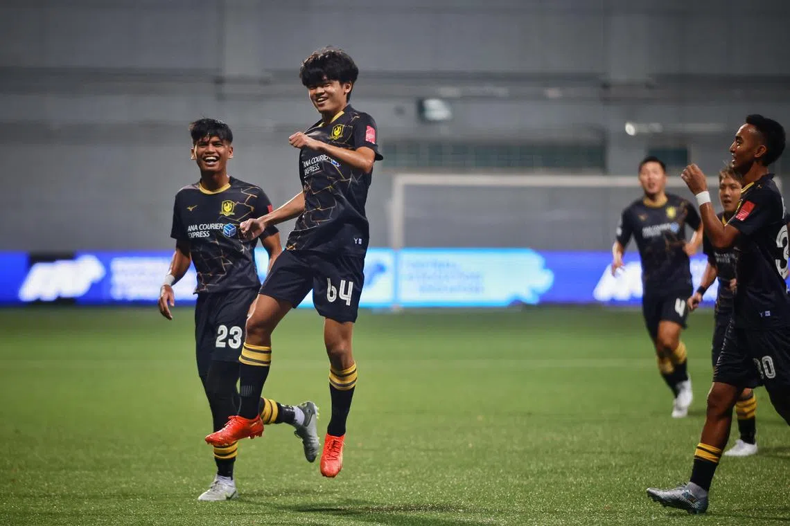 Tampines Rovers’ Ong Yu En (No. 64) celebrates after scoring their first goal against Brunei DPMM at Jalan Besar Stadium on Apr 20, 2023.

ST PHOTO: Jason Quah