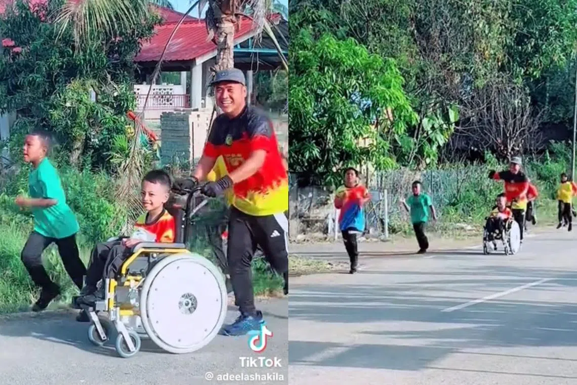 The teacher ran a distance of about 4km while pushing the boy on his wheelchair.