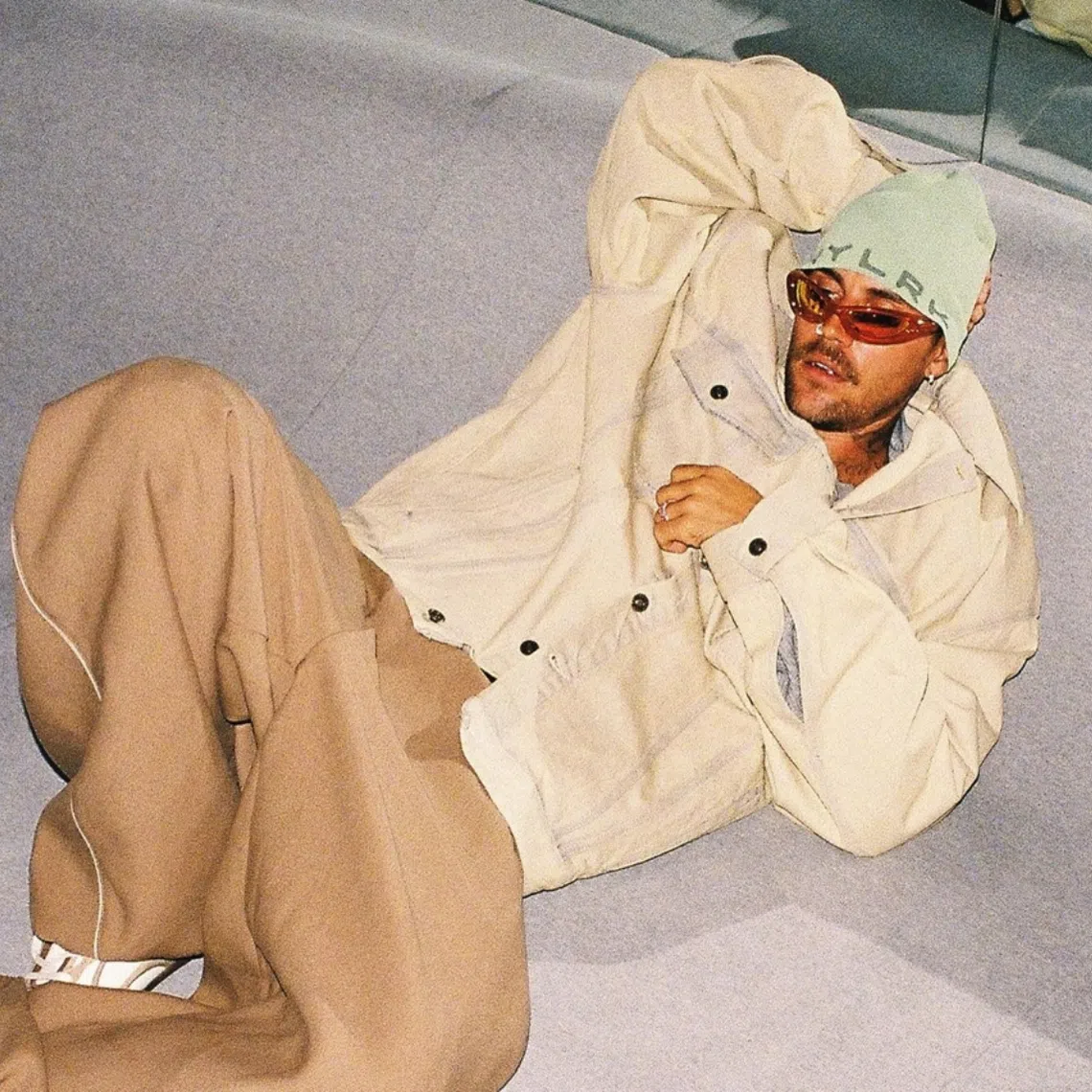 Justin Bieber reclining at the Skylrk pop-up store in Seongsu-dong, Seoul.