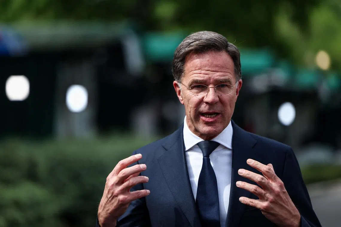 NATO Secretary General Mark Rutte gestures, as he speaks in front of the White House, in Washington, D.C., U.S., April 24, 2025. REUTERS/Evelyn Hockstein/File Photo