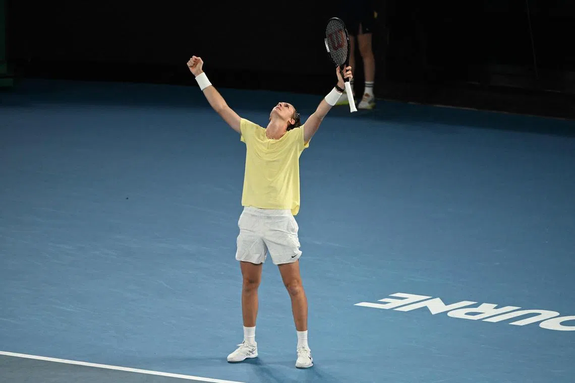 Sebastian Korda celebrates after winning against Daniil Medvedev at the Australian Open.