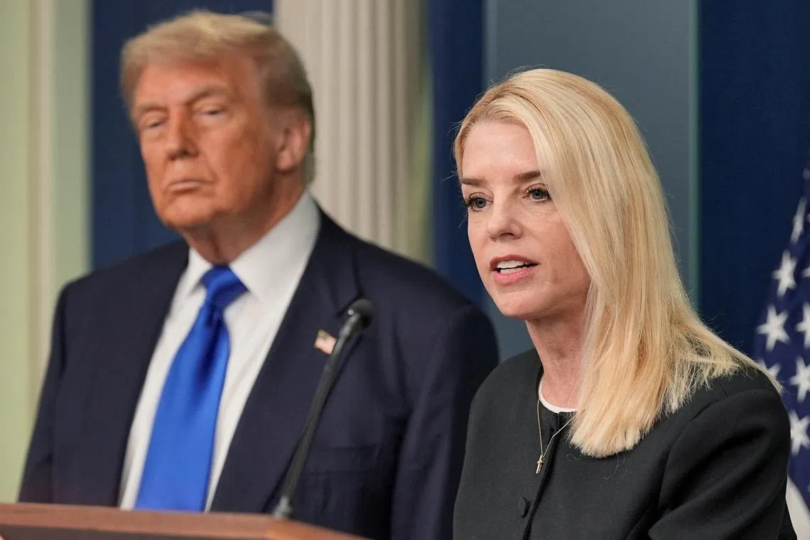 FILE PHOTO: U.S. Attorney General Pam Bondi speaks to the media, in the Press Briefing Room at the White House in Washington D.C., June 27, 2025. REUTERS/Ken Cedeno/File Photo