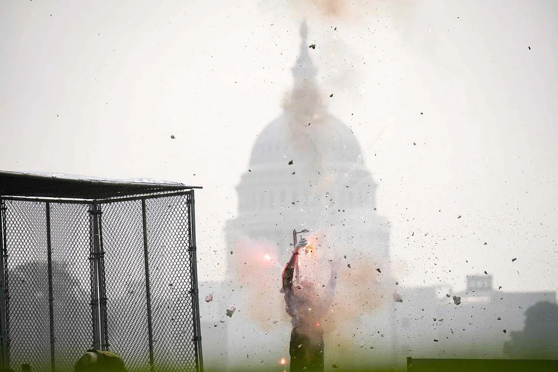 WASHINGTON, DC - JUNE 29: A mannequin explodes during a display of what can go wrong when launching fireworks from the body during an event held by the Consumer Product Safety Commission (CPSC) to demonstrate fireworks dangers and release statistics on fireworks-related deaths and injuries, on the National Mall June 29, 2023 in Washington, DC. According to data from the CPSC, there were 11 reported fireworks-related deaths and over 10,000 fireworks-related injuries in 2022. Drew Angerer/Getty Images/AFP (Photo by Drew Angerer / GETTY IMAGES NORTH AMERICA / Getty Images via AFP)